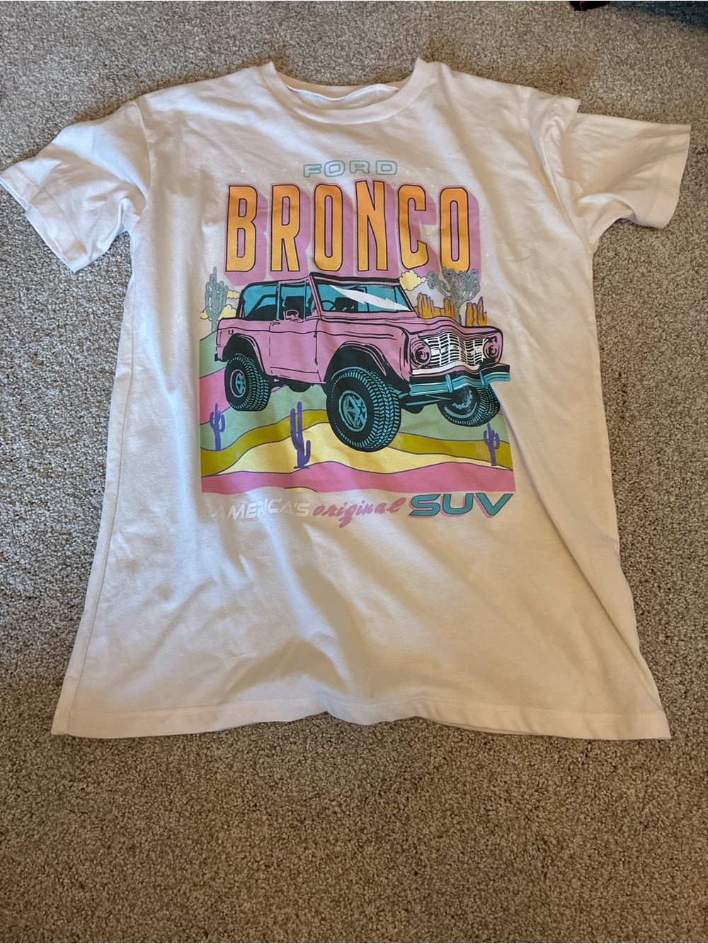 Ford White Tee with Pink Bronco and Teal Accents